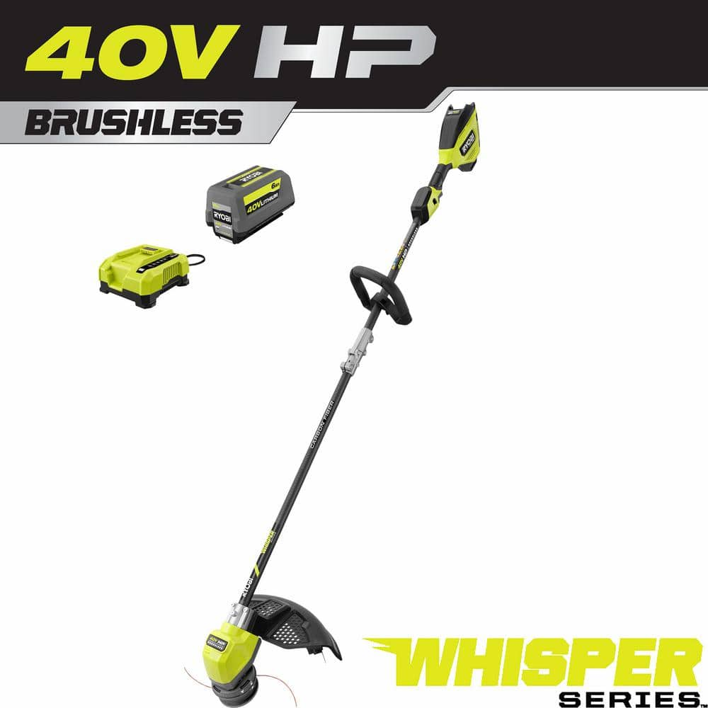 RYOBI 40V HP Brushless Whisper Series 17 in. Cordless Battery Carbon Fiber Shaft String Trimmer w/ 6.0 Ah Battery & Charger RY402110