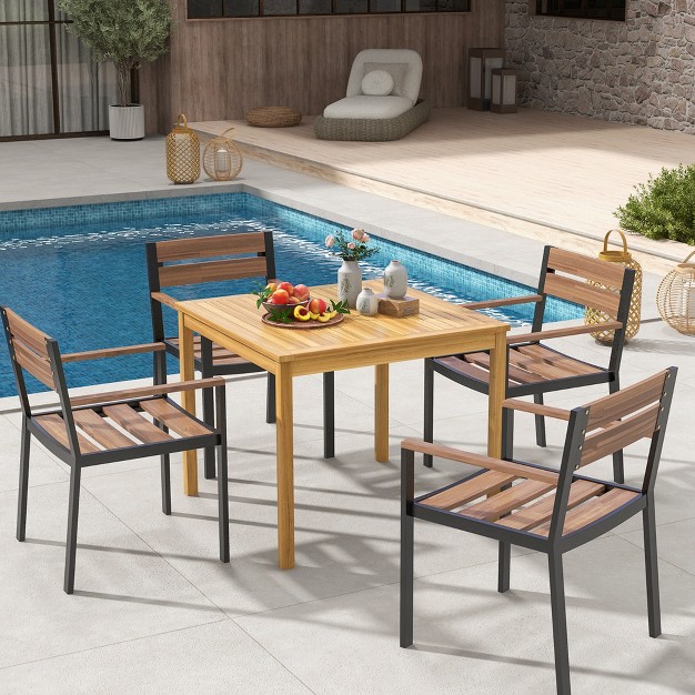 Costway Patio Dining Table Acacia Wood Square Outdoor Bistro With 1 9 x27 x27 Umbrella Hole Yard