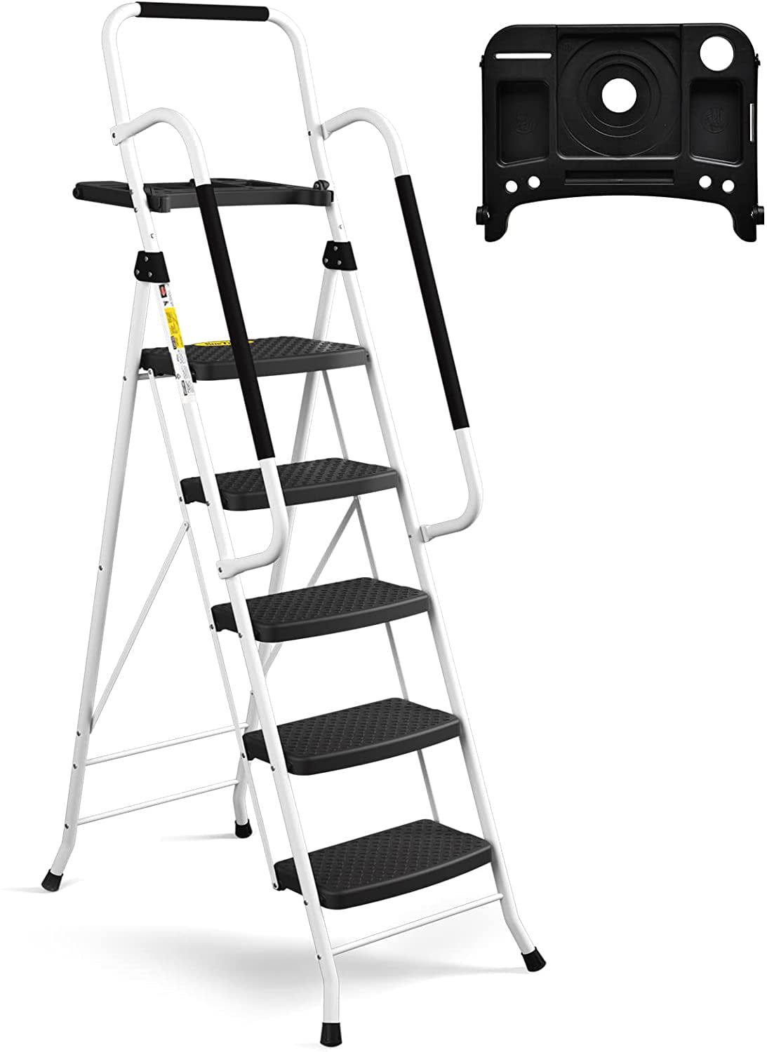 SocTone 5 Step Ladder with Handrails, Folding Step Stool with Tool Platform, Sturdy& Portable Steel Ladder for Adults, 330LBS Capacity Ladder for Home Kitchen Library Office