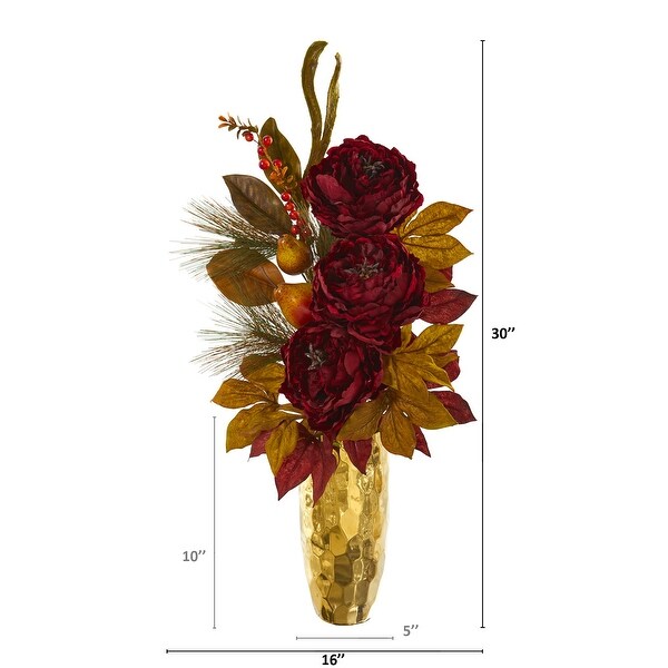 30 Peony，Pear and Magnolia Leaf Artificial Arrangement in Gold Vase