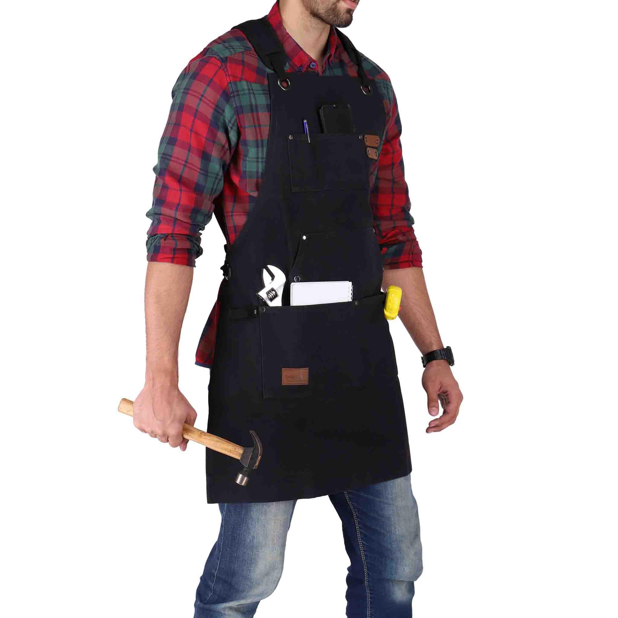 WHITEDUCK Canvas Work Apron for Men- Black- Woodworking Apron 24oz with 7 Pockets & Cross Back Straps- Workshop, Mechanic, Carpenter