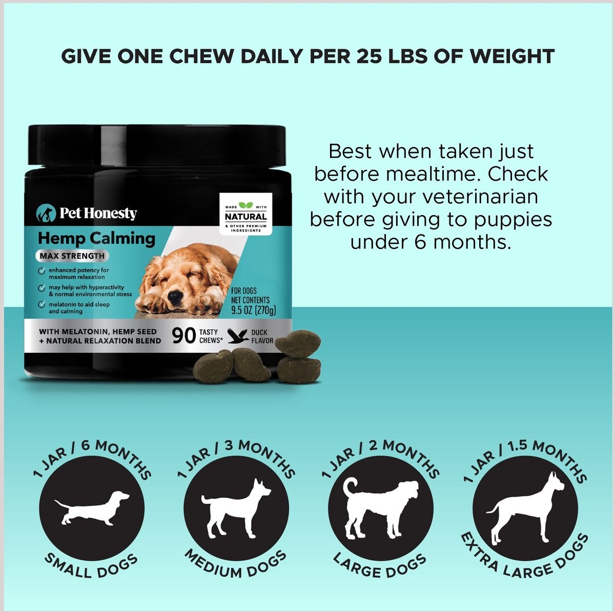 PetHonesty  Hemp Calming Max Strength Duck Flavored Soft Chews Calming Supplement for Dogs