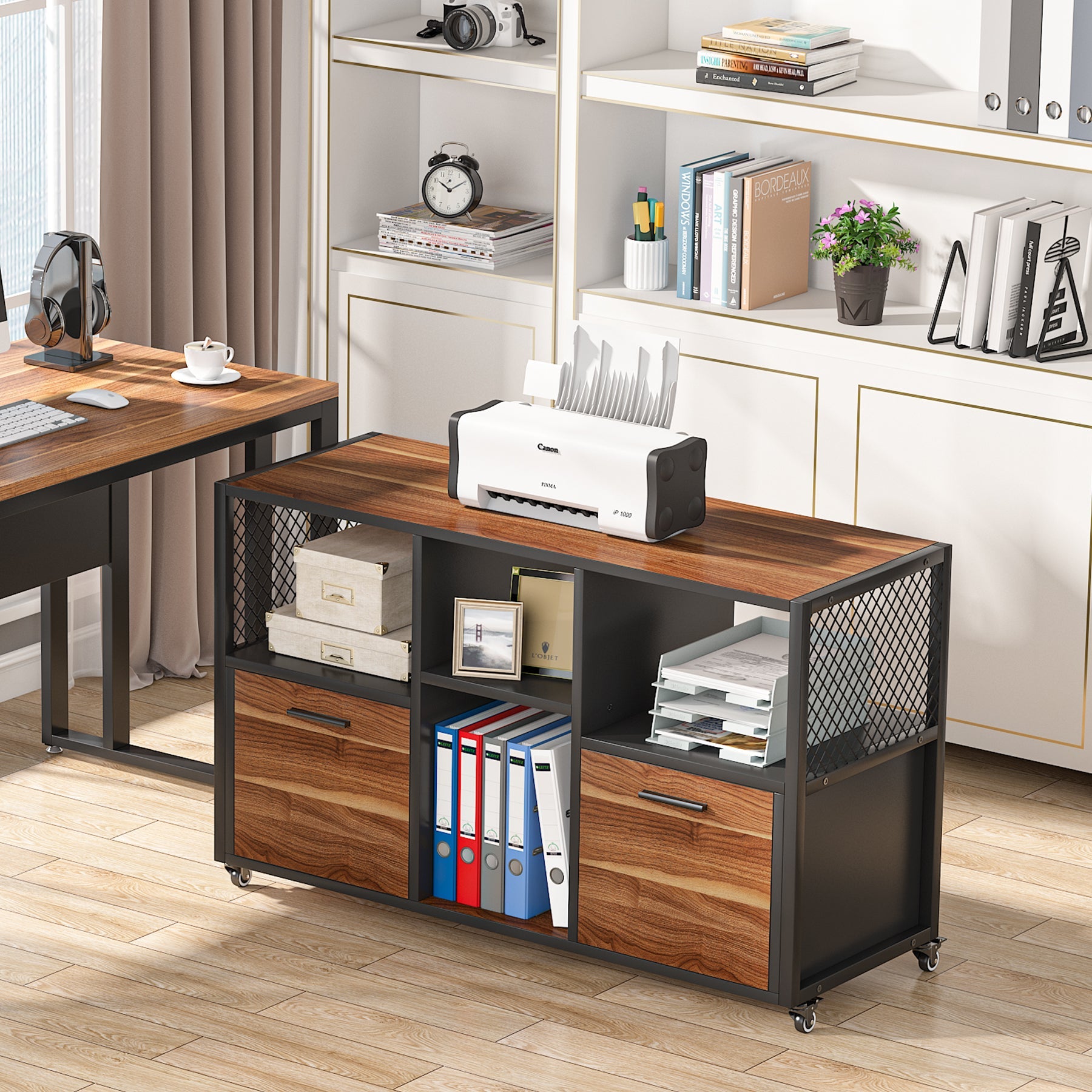 2 Drawer File Cabinet, Wood Mobile Lateral Filing Cabinet