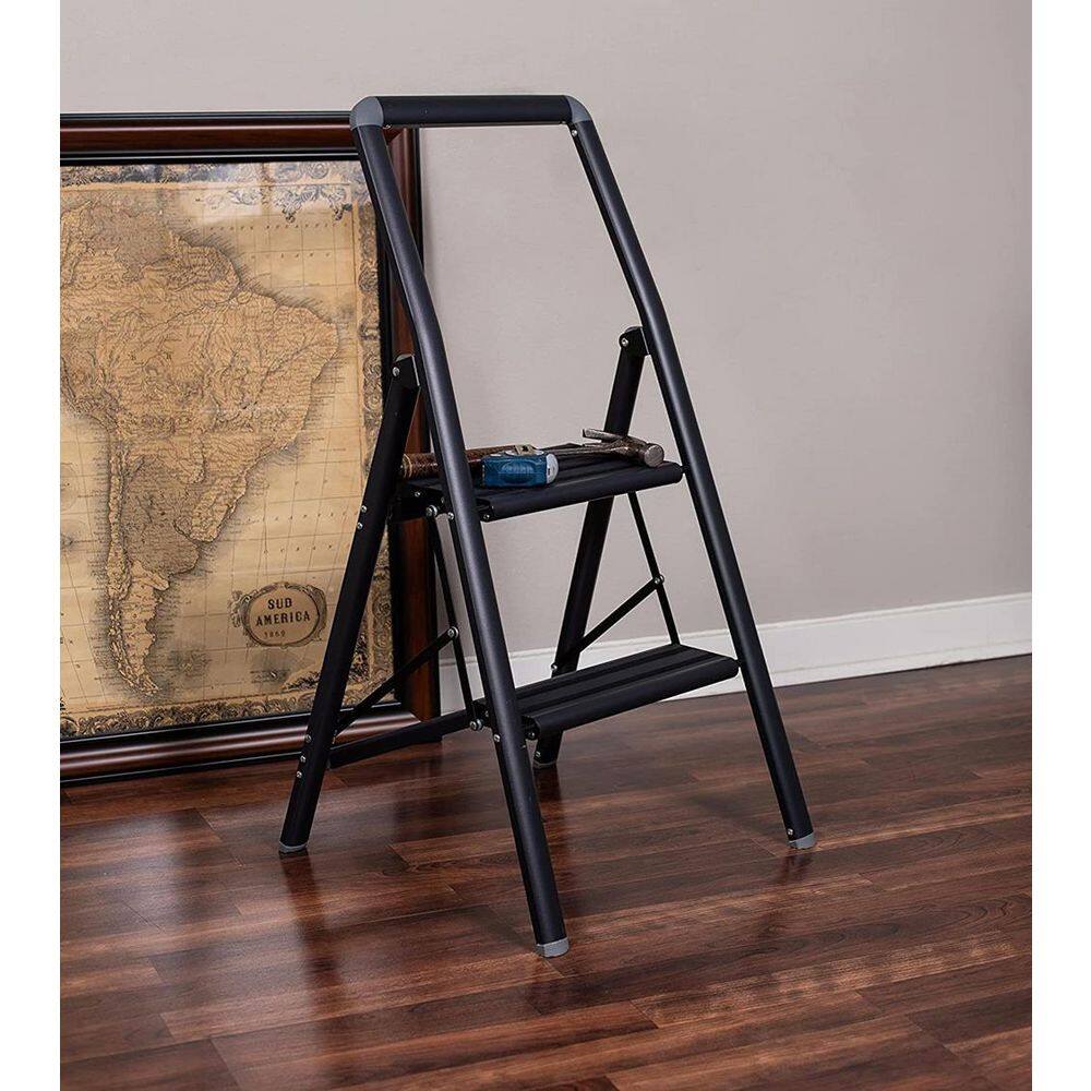 BirdRock Home 3 ft. 2-Step Black Slim Aluminum Step Ladder 8 ft. Reach 11694