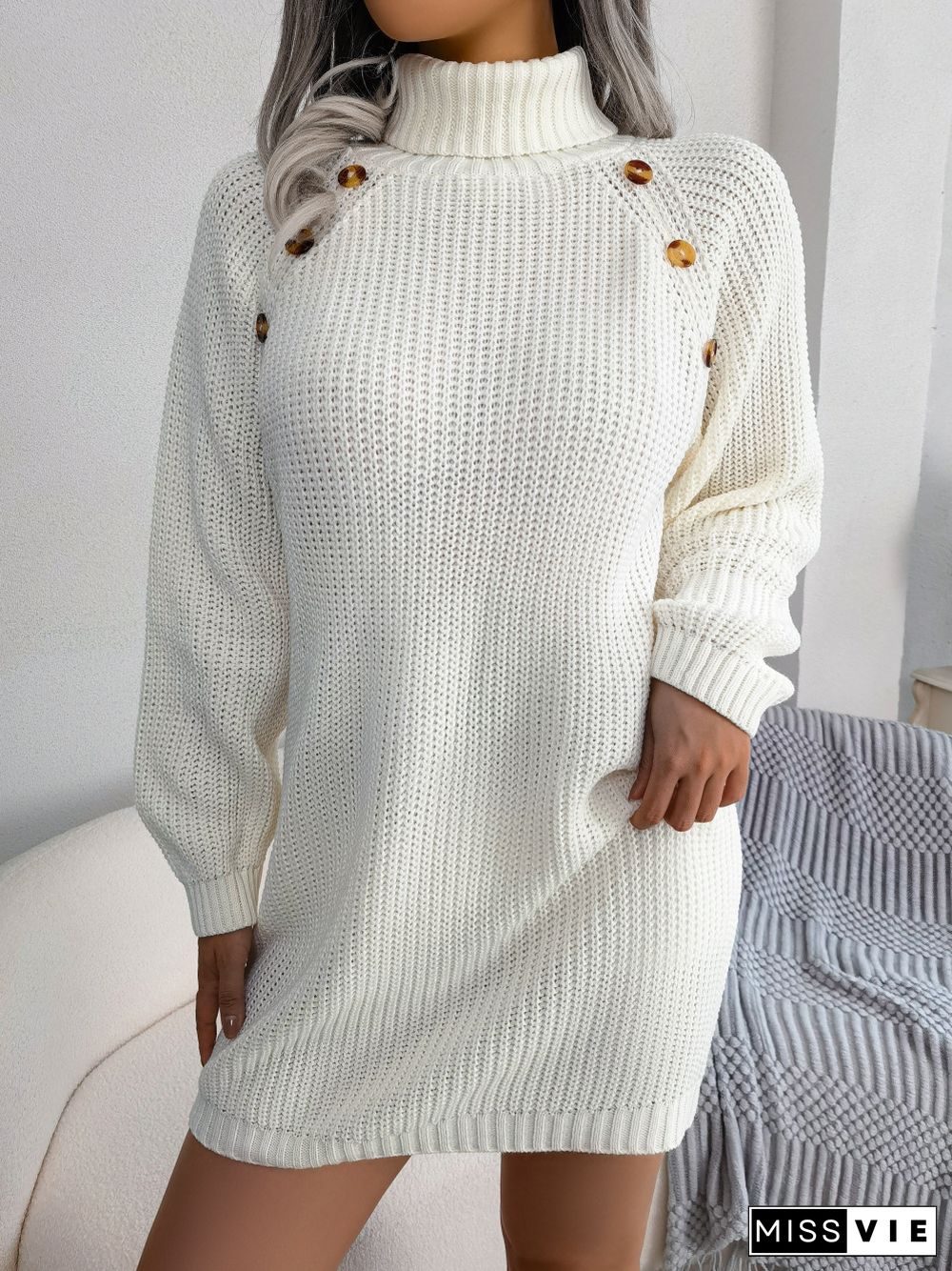 Casual Button Turtleneck Long Sleeve Bottom Sweater Dress