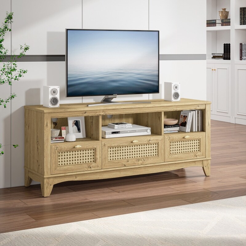 55 inch Rustic Wood TV Stand with Wicker Door Design for TVs up to 65\