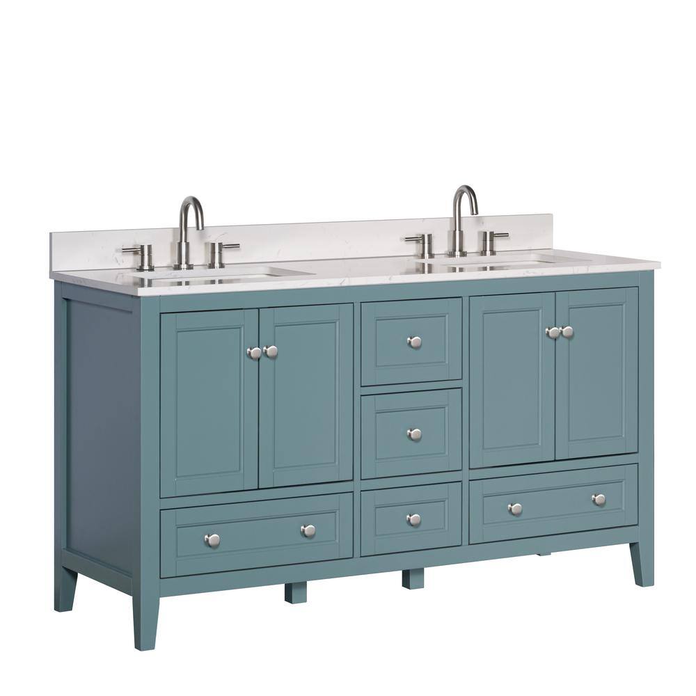 Home Decorators Collection Beverly 61 in. W x 22. D x 35. H Double Sink Vanity in Aegean Teal with Engineered Solid Surface Vanity Top 20303-VS61EC-AT