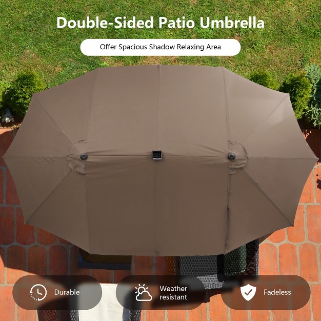 Costway 15ft Twin Patio Double sided Umbrella 48 Solar Led Lights Crank Outdoor Wine beige coffee orange