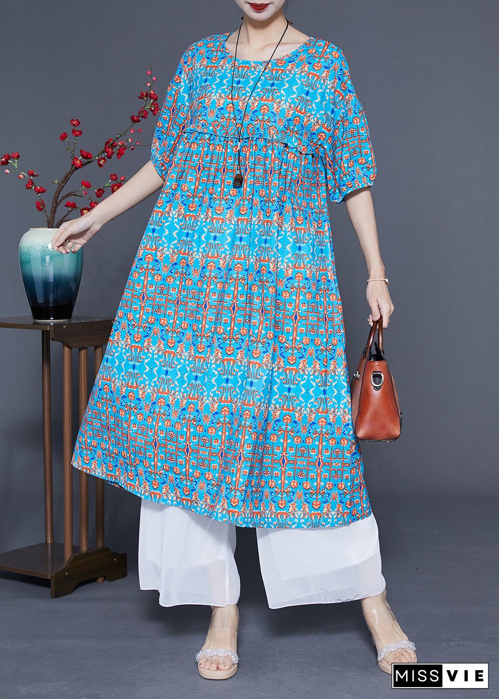 Stylish Blue Ruffled Print Silk Long Dresses Summer