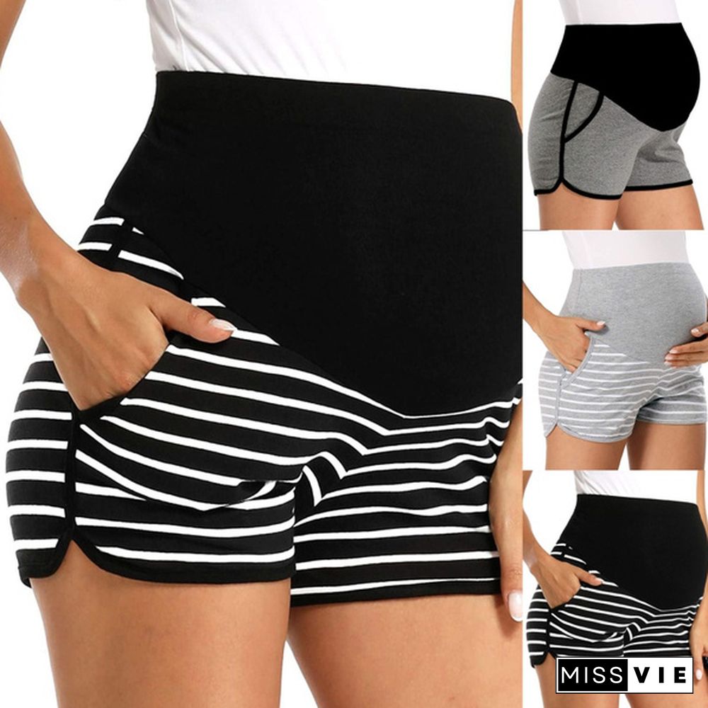 5 Colors Women Fashion Stripe Print Short Pants Elastic Maternity Leggings Stretch Pregnant Yoga High Waist Pant Plus Size