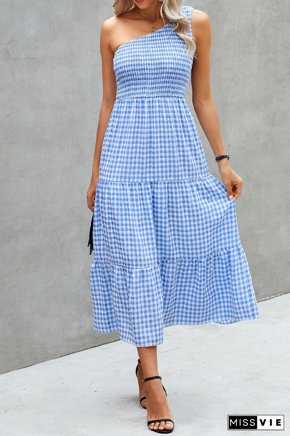 Plaid One Shoulder Pleated Ruffles Long Dress Wholesale