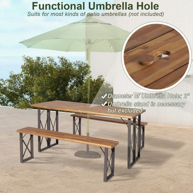 Tangkula 3 Piece Patio Picnic Table Bench Set Outdoor Camping Table Set W Acacia Wood Tabletop amp Seat 2 Umbrella Hole