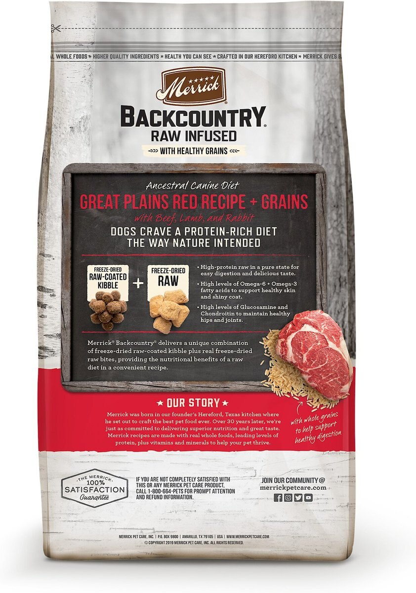 Merrick Backcountry Raw Infused Great Plains Red Recipe + Grains with Beef， Lamb and Rabbit Freeze-Dried Dry Dog Food