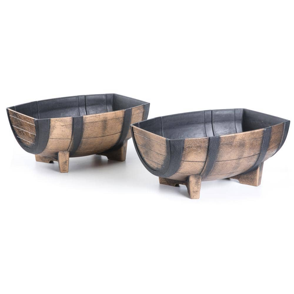 Gardenised Rustic Wood-Look Plastic Half Barrel Flower Pot Garden Planter (Pack of 2) QI003695