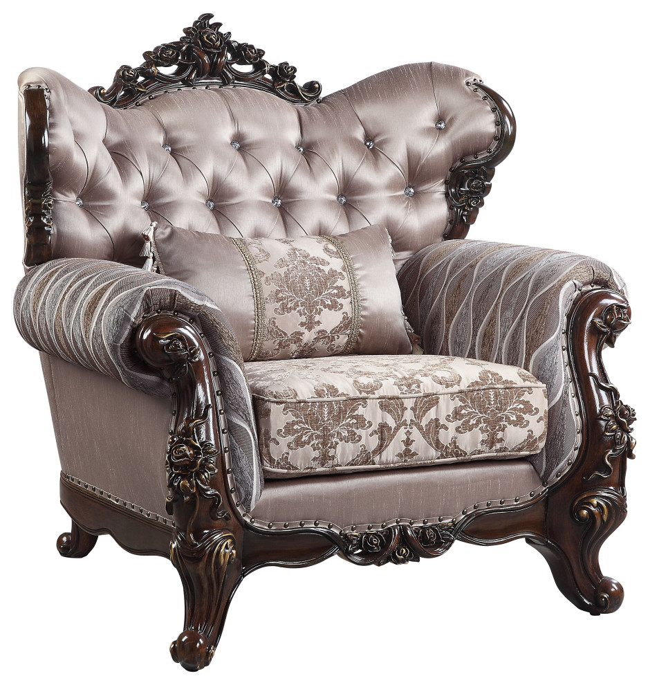 ACME Benbek Chair with Pillow in Taupe and Antique Oak   Victorian   Armchairs And Accent Chairs   by Acme Furniture  Houzz