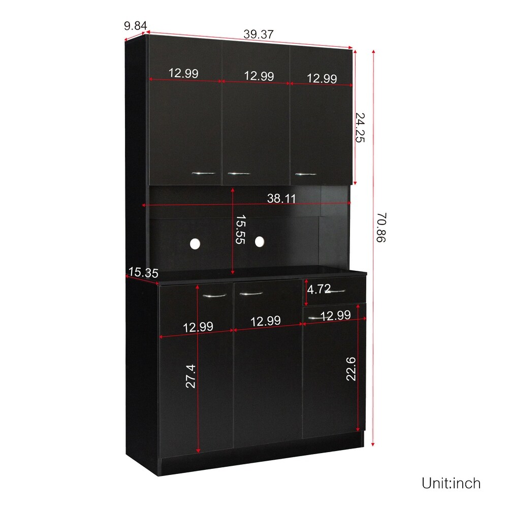 Tall Kitchen Cabinet  with 6 Doors  1 Open Shelves and 1 Drawer for bedroom Black