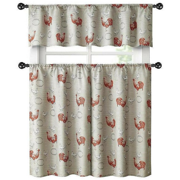 Kate Aurora Country Farmhouse Red Rooster Barn 3 Piece Kitchen Curtain Tier amp Valance Set 56 In W X 15 In L Red