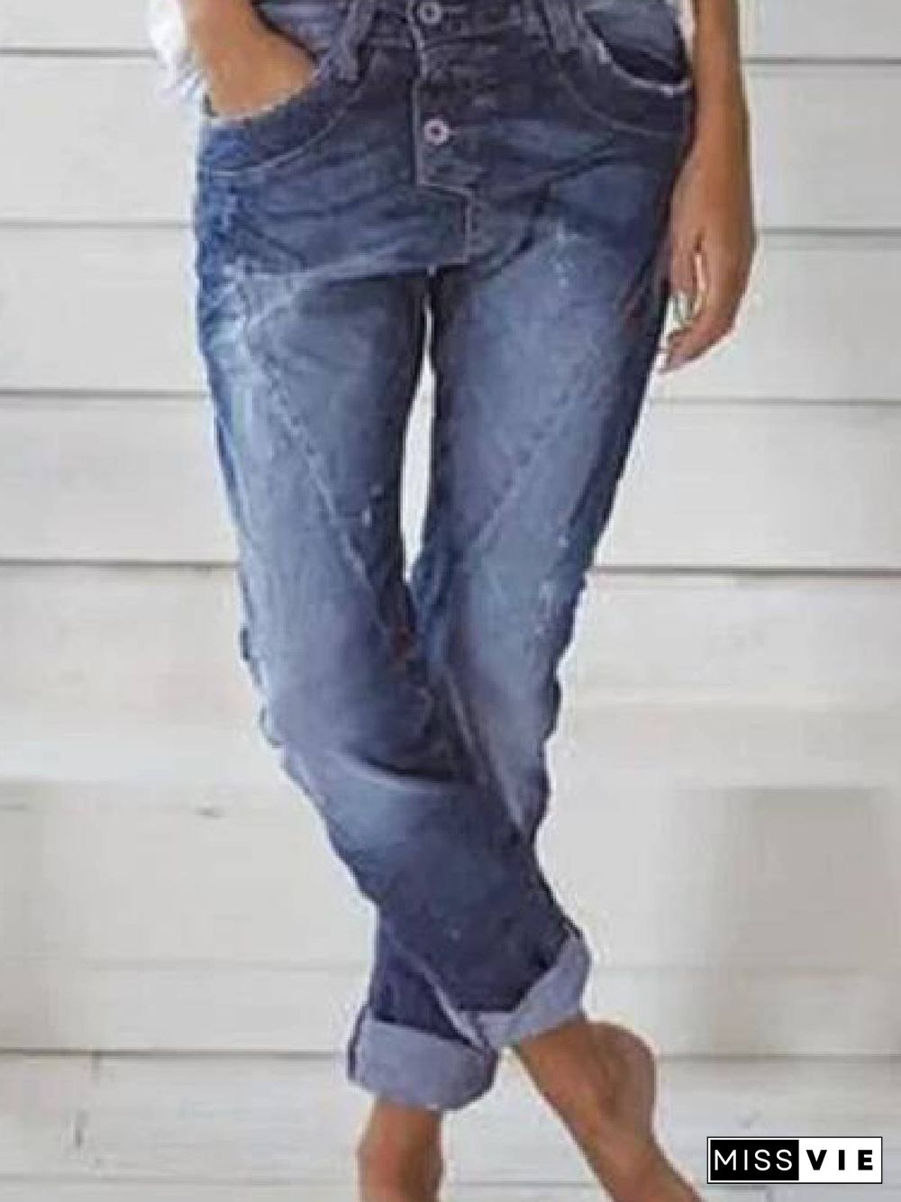 Blue Casual Pockets Denim Pants