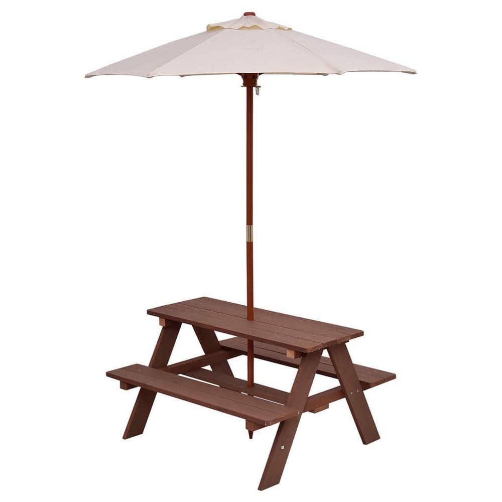 CASAINC Rectangular Wood Kids Picnic Table with Bench and Umbrella