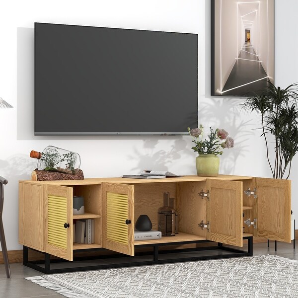 Rattan Doors and 2 Adjustable Panels Wooden TV Console Table