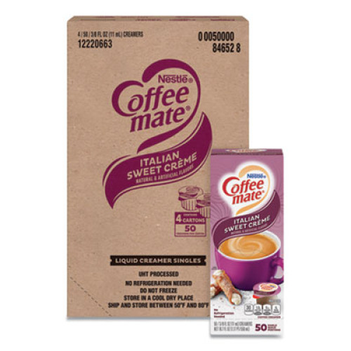 Coffee-mate Liquid Coffee Creamer， Italian Sweet Creme， 0.38 oz Mini Cups， 50/Box， 4 Boxes/Carton， 200 Total/Carton (84652CT)