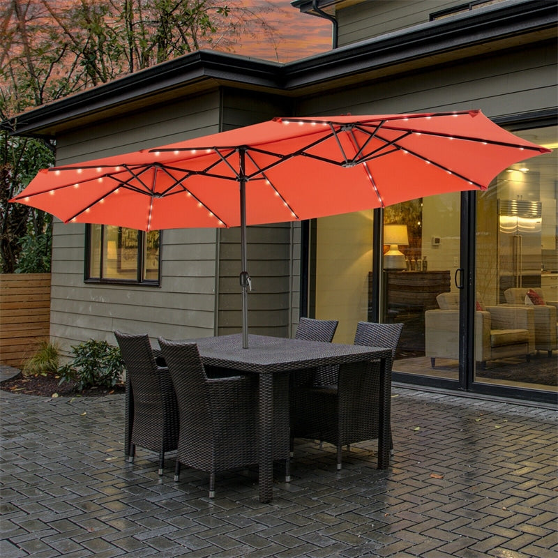 15 FT Large Outdoor Patio Table Umbrella with 48 Solar LED Lights & Crank, Double-Sided Metal Deck Pool Umbrella