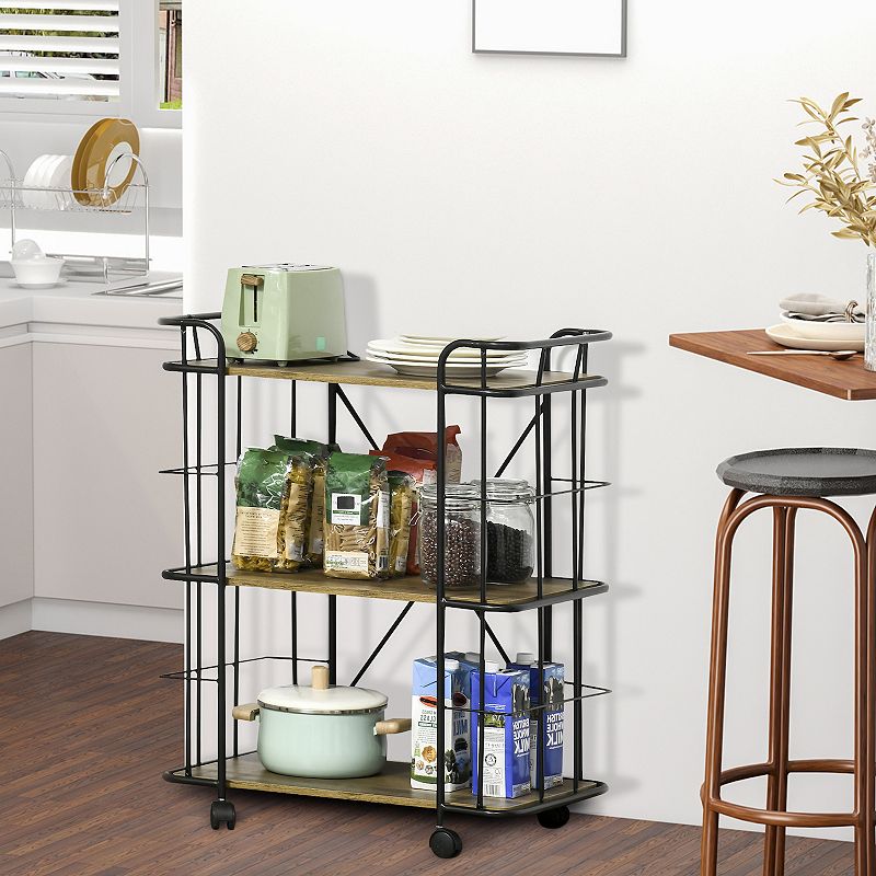 HOMCOM 25 Rolling Kitchen Cart Kitchen Storage Trolley with 3 Shelves for Dining Room Laundry Room and Bathroom Natural