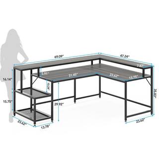 TRIBESIGNS WAY TO ORIGIN Perry 69 in. Grey Reversible Large Corner L Shaped Computer Writing Desk Monitor Stand Storage Shelf Home Office HD-JW0364-WZZ