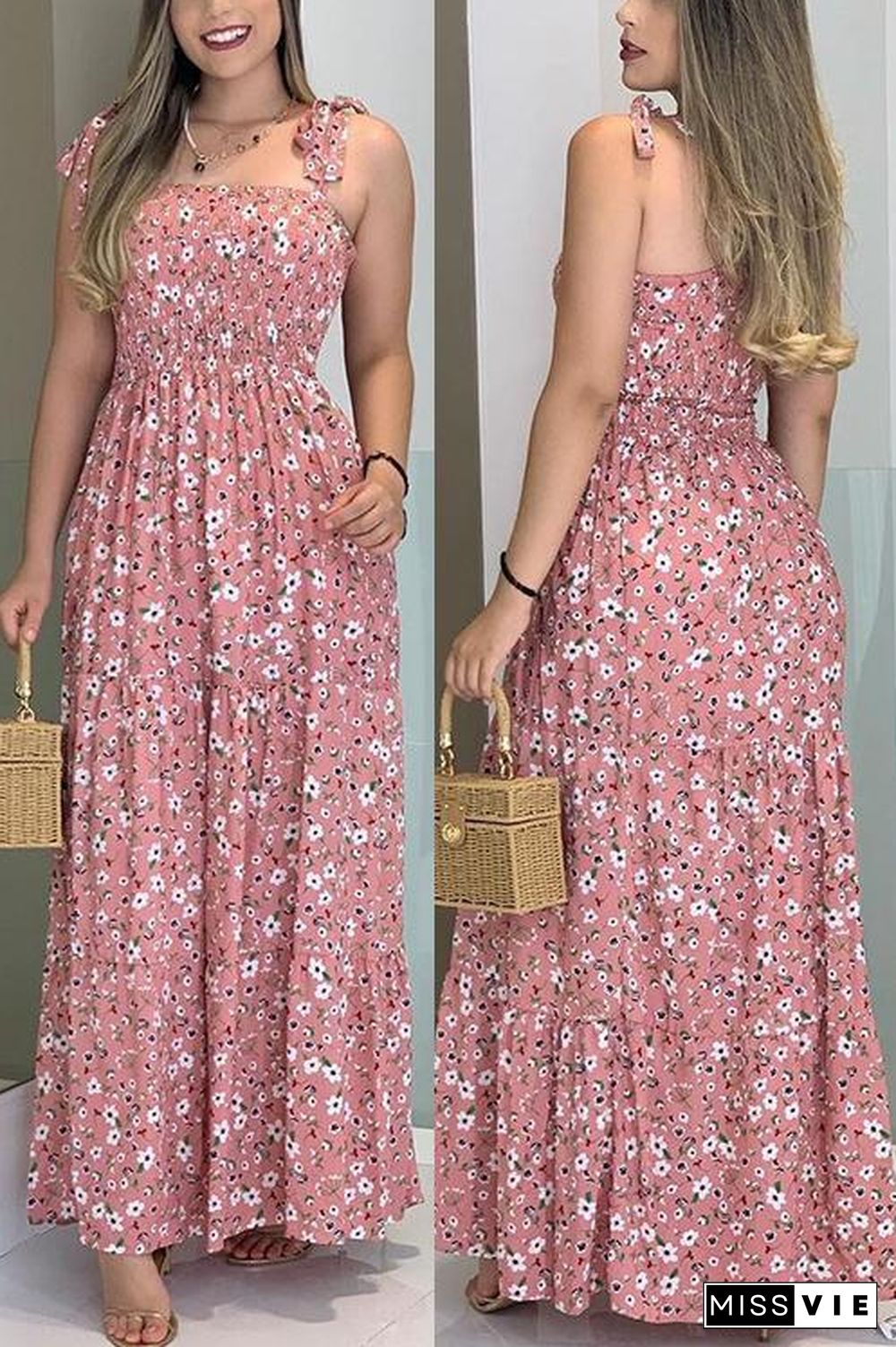 Floral Print Bow Slip Maxi Dess