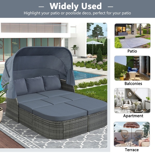 6Piece Outdoor Daybed Set with Retractable Canopy and Conversation Area