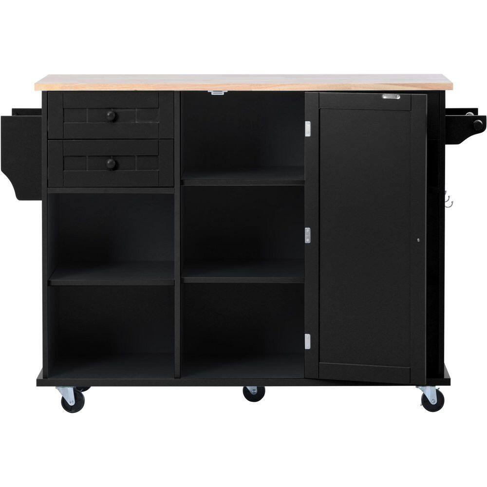 Black 52.8 in. W x 18.5 in. D x 36.4 in. H Kitchen Island Cart on 5-Wheels with Spice Rack Towel Rack and Drawer WF296AABWY