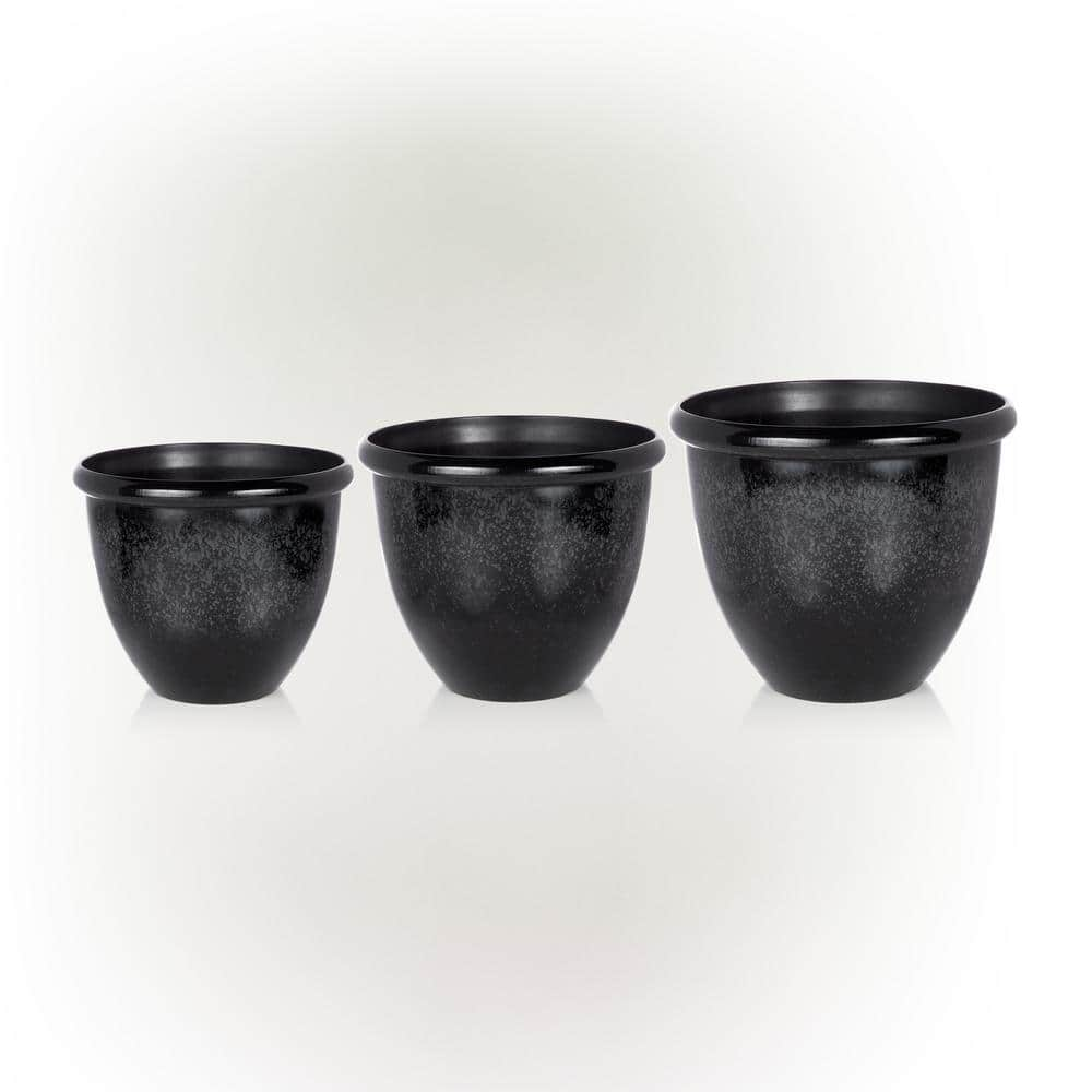 Alpine Corporation Indoor/Outdoor Stone Planters with Drainage Holes and Plugs, Speckled Black (Set of 3) CLL436A-BK