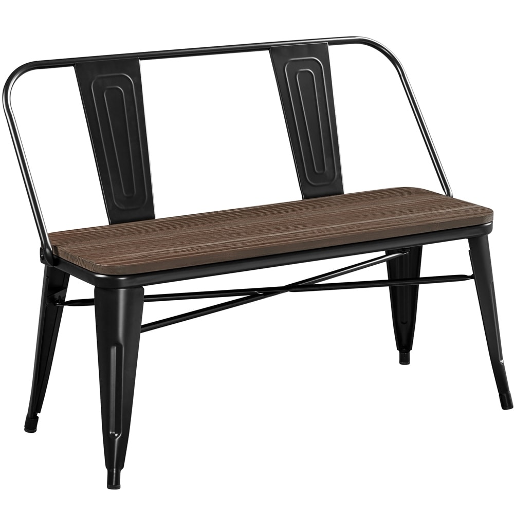 Yaheetech Metal Dining Bench with Wooden Top and Detachable Backrest  Black