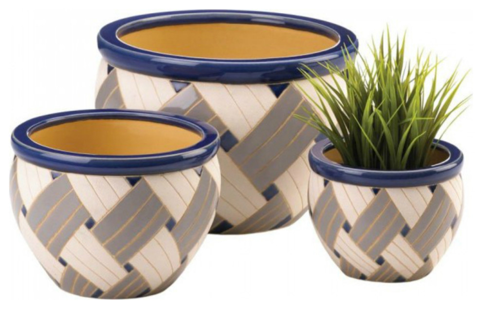 Woven Print Geometric Ceramic Planter  3 Piece Set   Contemporary   Outdoor Pots And Planters   by The House of Awareness  Houzz