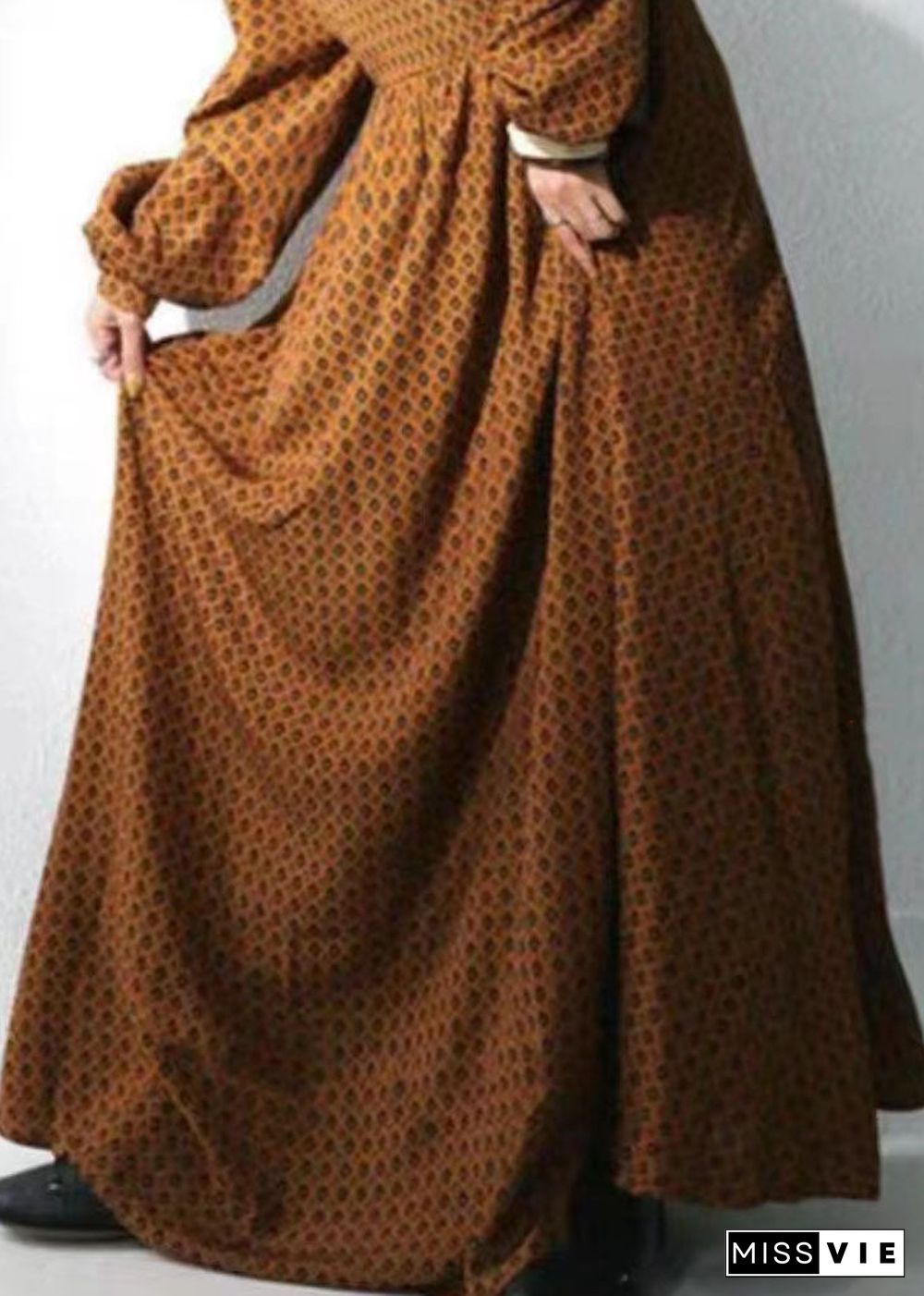 Brown Dot Print Chiffon Maxi Dresses Stand Collar Wrinkled Long Sleeve