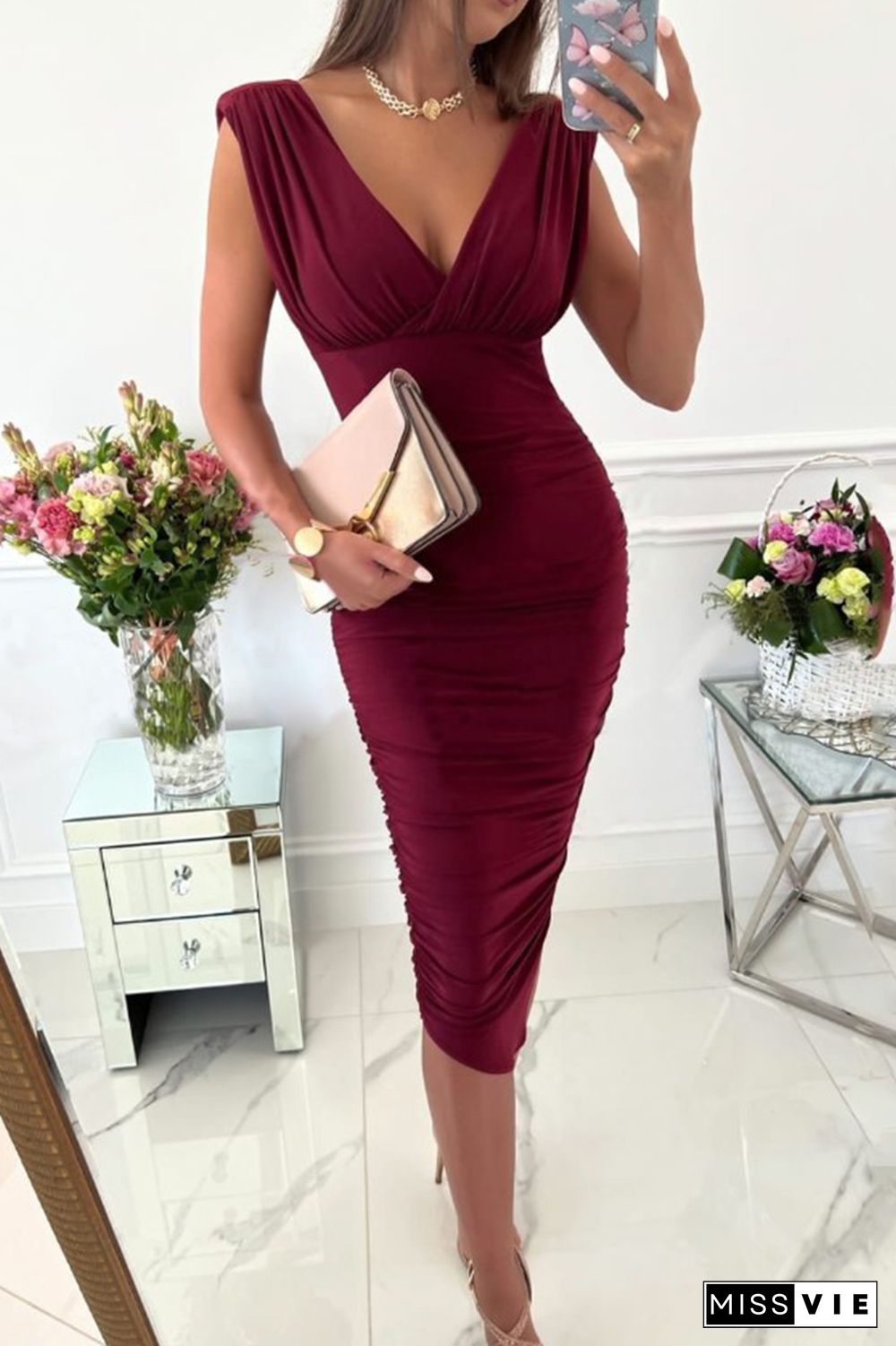 Sexy Solid Split Joint V Neck Pencil Skirt Dresses(4 Colors)