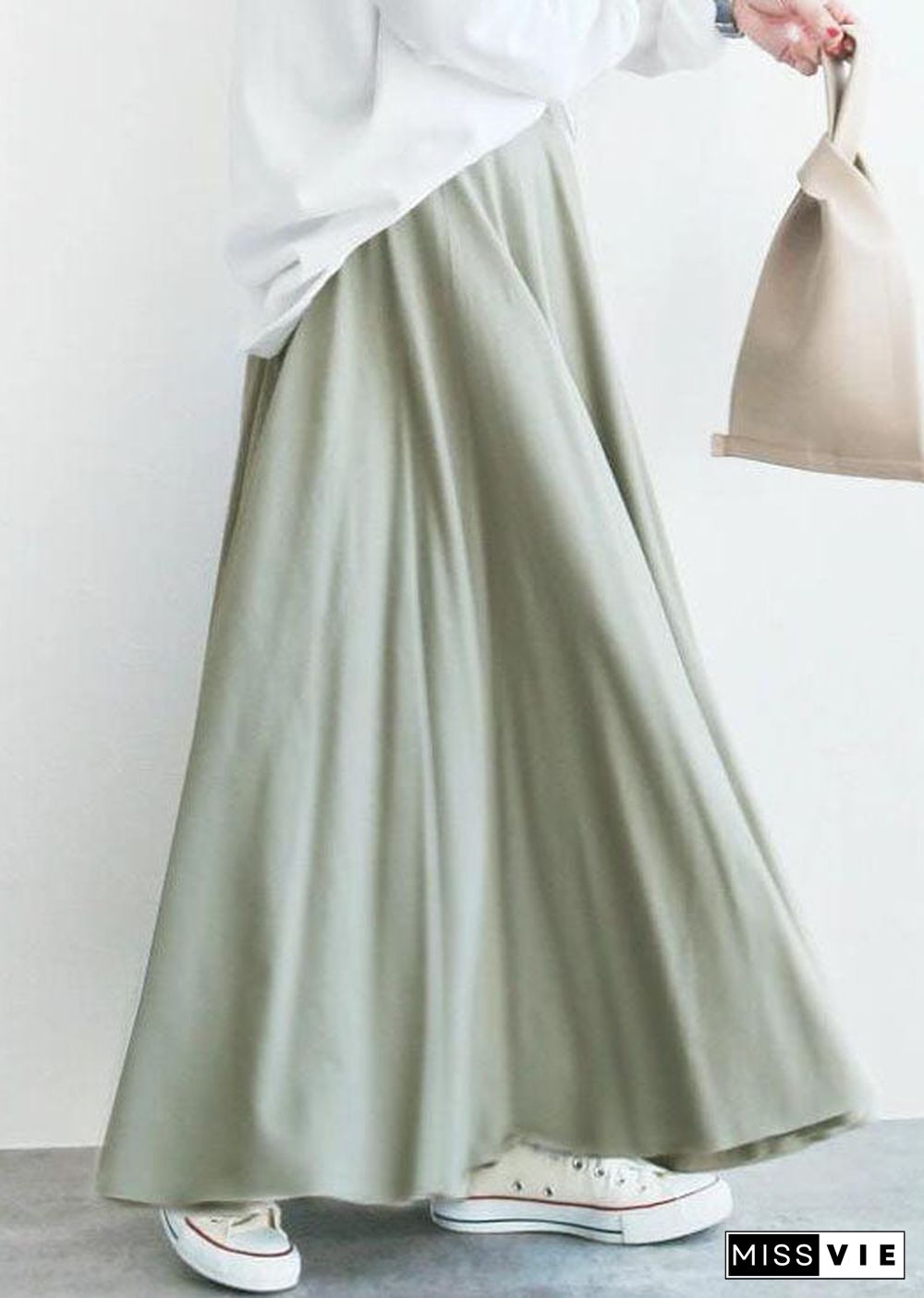 Elegant Light Green Wrinkled Exra Large Hem Cotton Skirt Spring