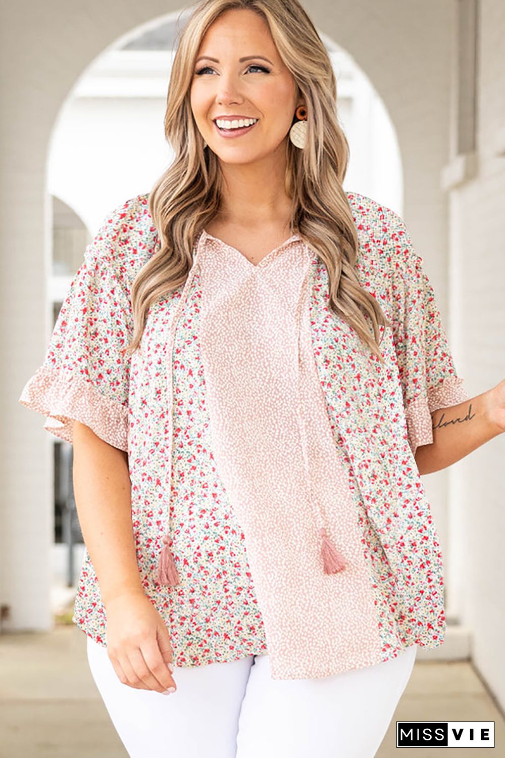 Pink Plus Size Dotty Floral Patchwork Tassel Tie V Neck Top