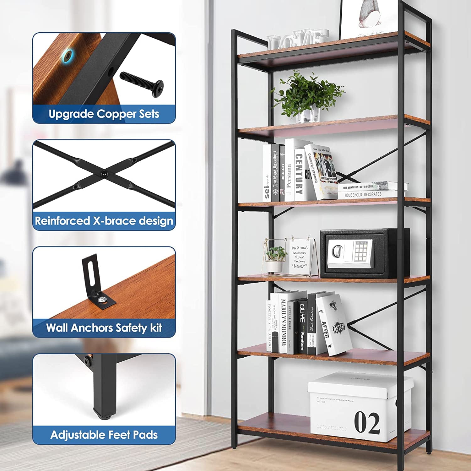 6 Tier Bookshelf Industrial Book Shelves Wall Storage Organizer Wooden Bookcase, Adjustable Metal Wood Shelving Unit Rack with Feet Pad for Home Office Kitchen Bathroom Study Room