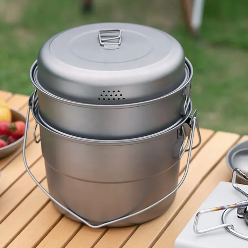 Camping Cookware Multifunctional Titanium Steamer Soup Pot Set with Lid Outdoor Camping Mess Kit