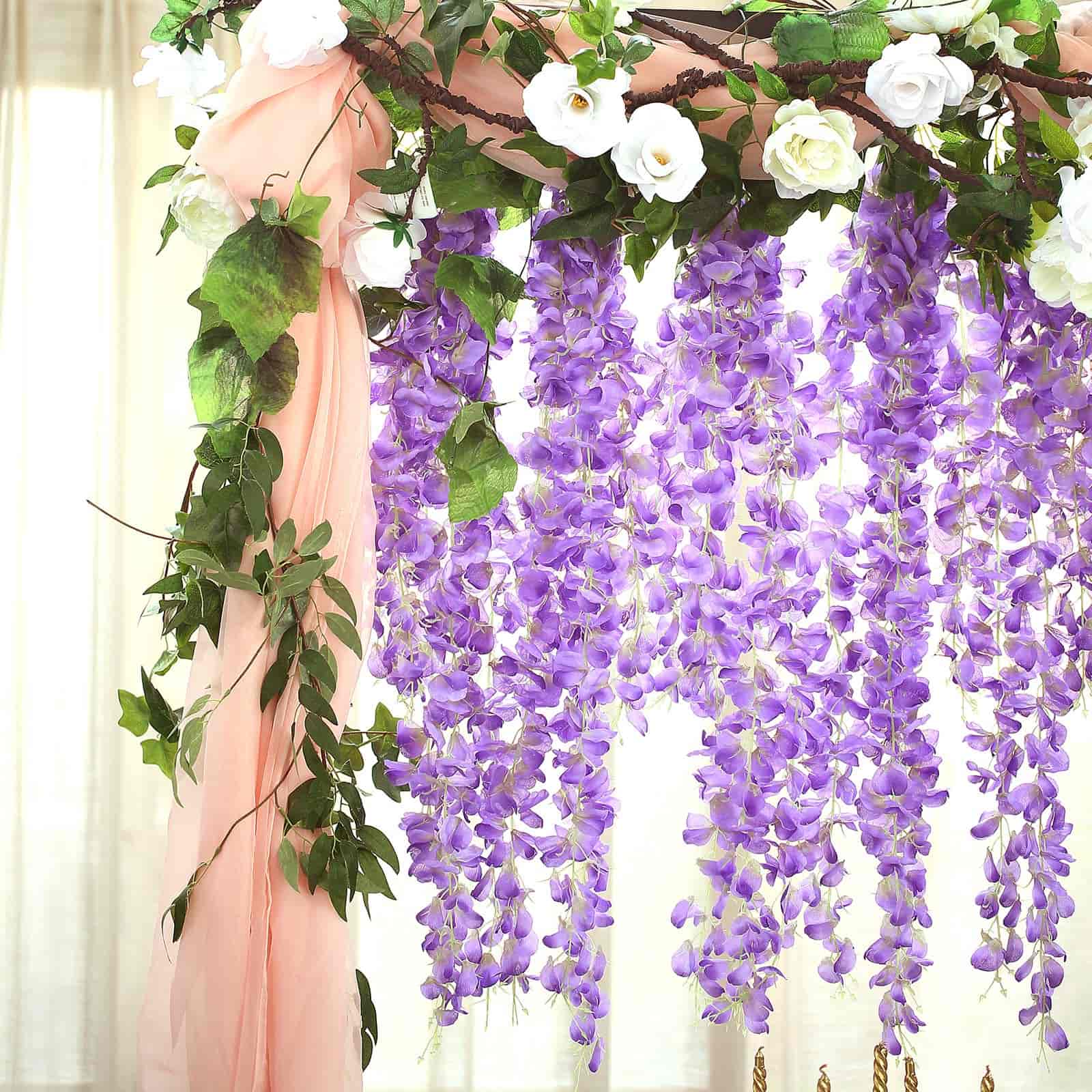 Lavender Lilac Artificial Silk Hanging Wisteria Flower Garland Vines - Elaborated 5 Full Strands in 1 Bush 42