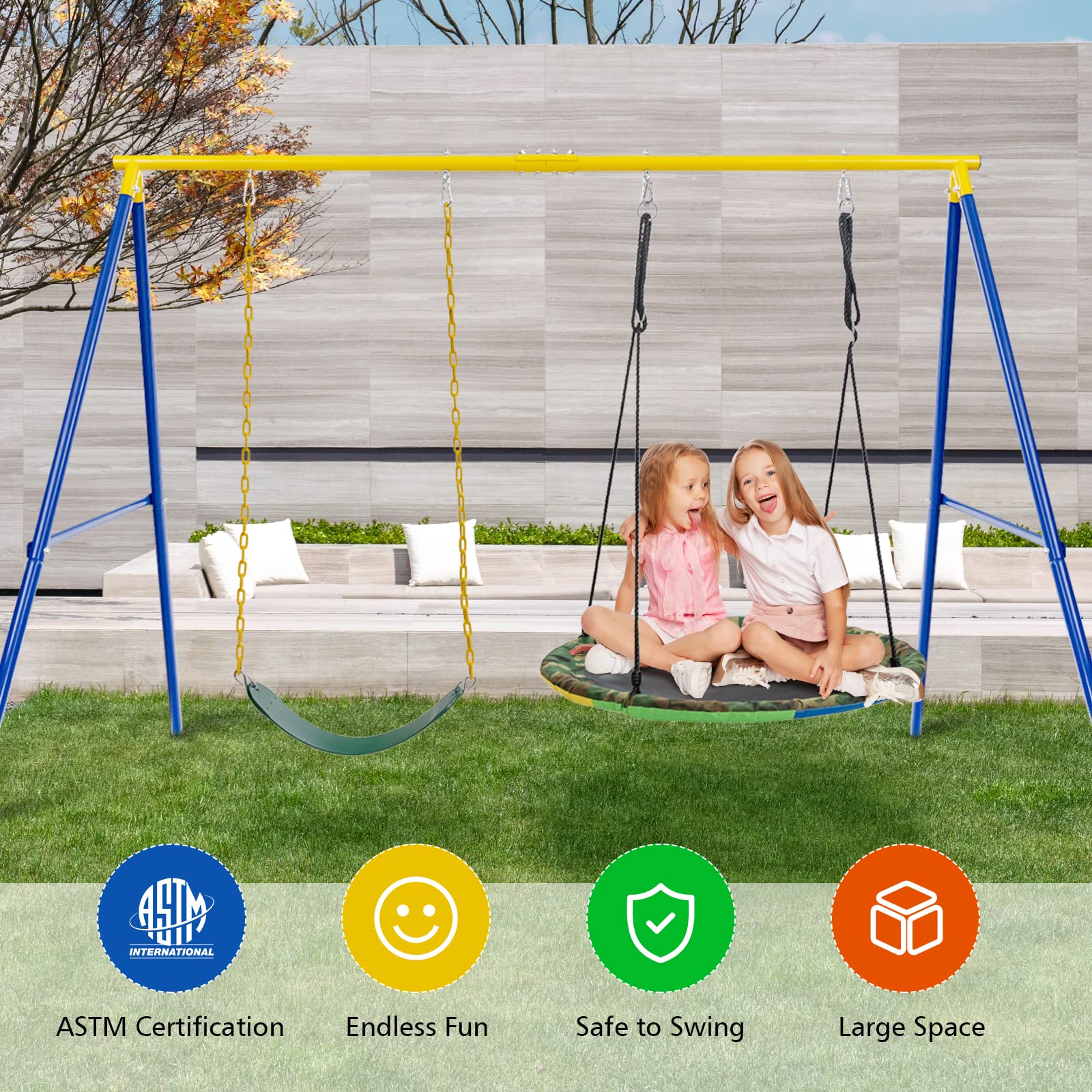 Costzon 550lbs Metal Swing Sets for Backyard, Heavy Duty Full Steel Swing Frame Extra Large A-Frame Stand