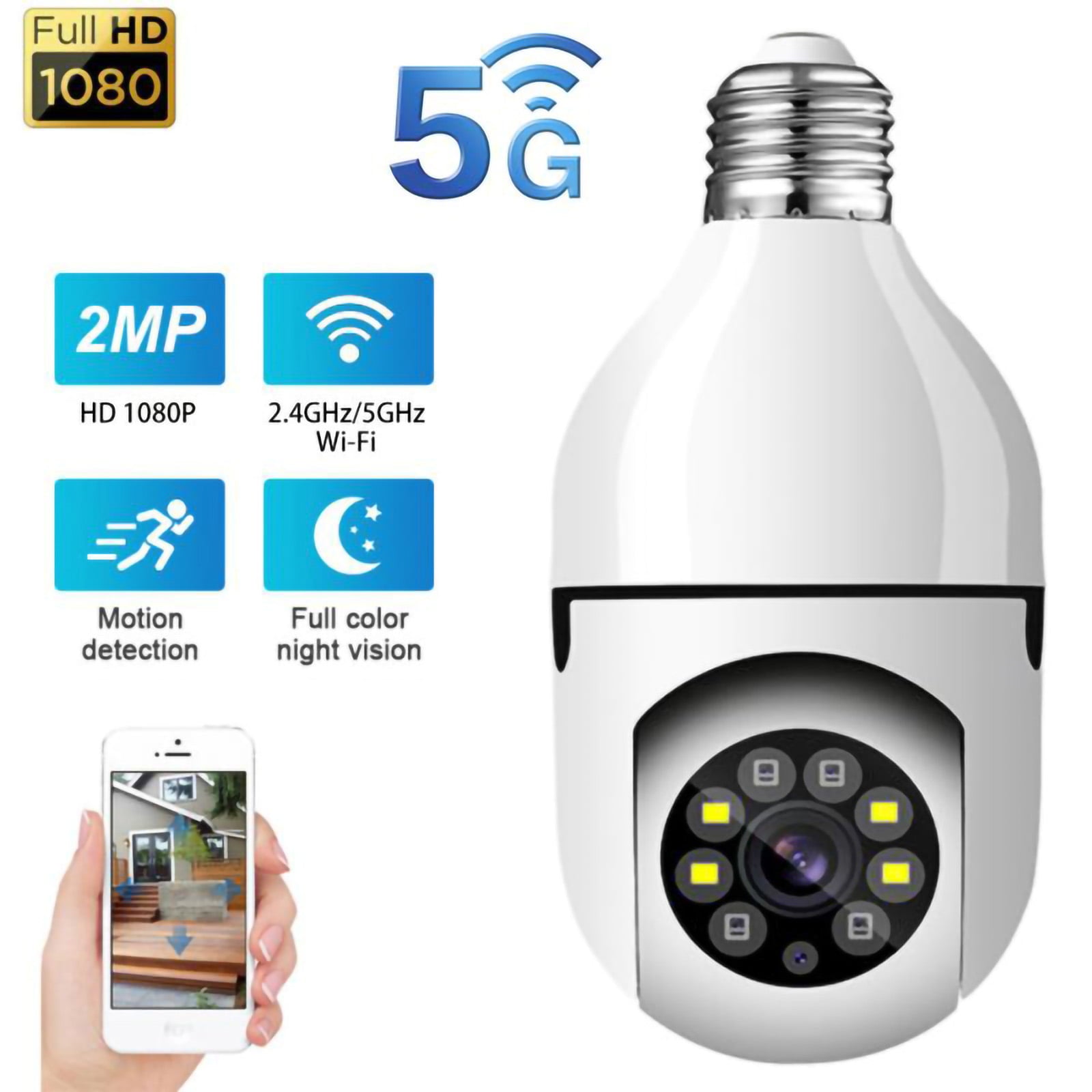 1080P Light Bulb Camera， 5GHz WiFi Wireless Security Camera， 360° Surveillance Camera with Infrared Night Vision， Screw In E27 Bulb Light Socket Camera