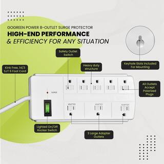 GoGreen Power 8-Outlet 6 ft. Cord Surge Protector Lighted Rocker Switch White GG-18316WH