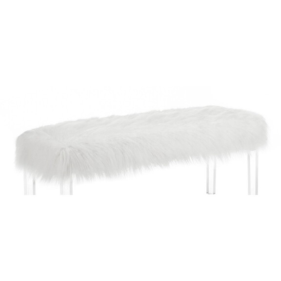 1pc White Glam Accent Bench with Faux Fur Seat Tra...