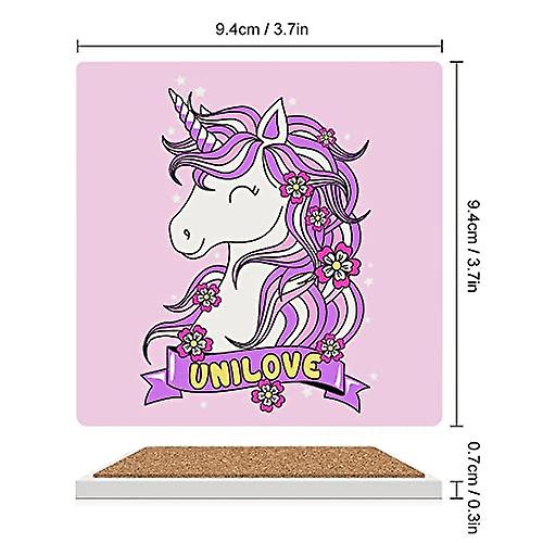 Colourlife Square Drink Coasters 2 Pcs Happy Unicorn Absorbent Ceramic Coffee Coasters For Drinks With Cork Base Housewarming Gift For Home Decor