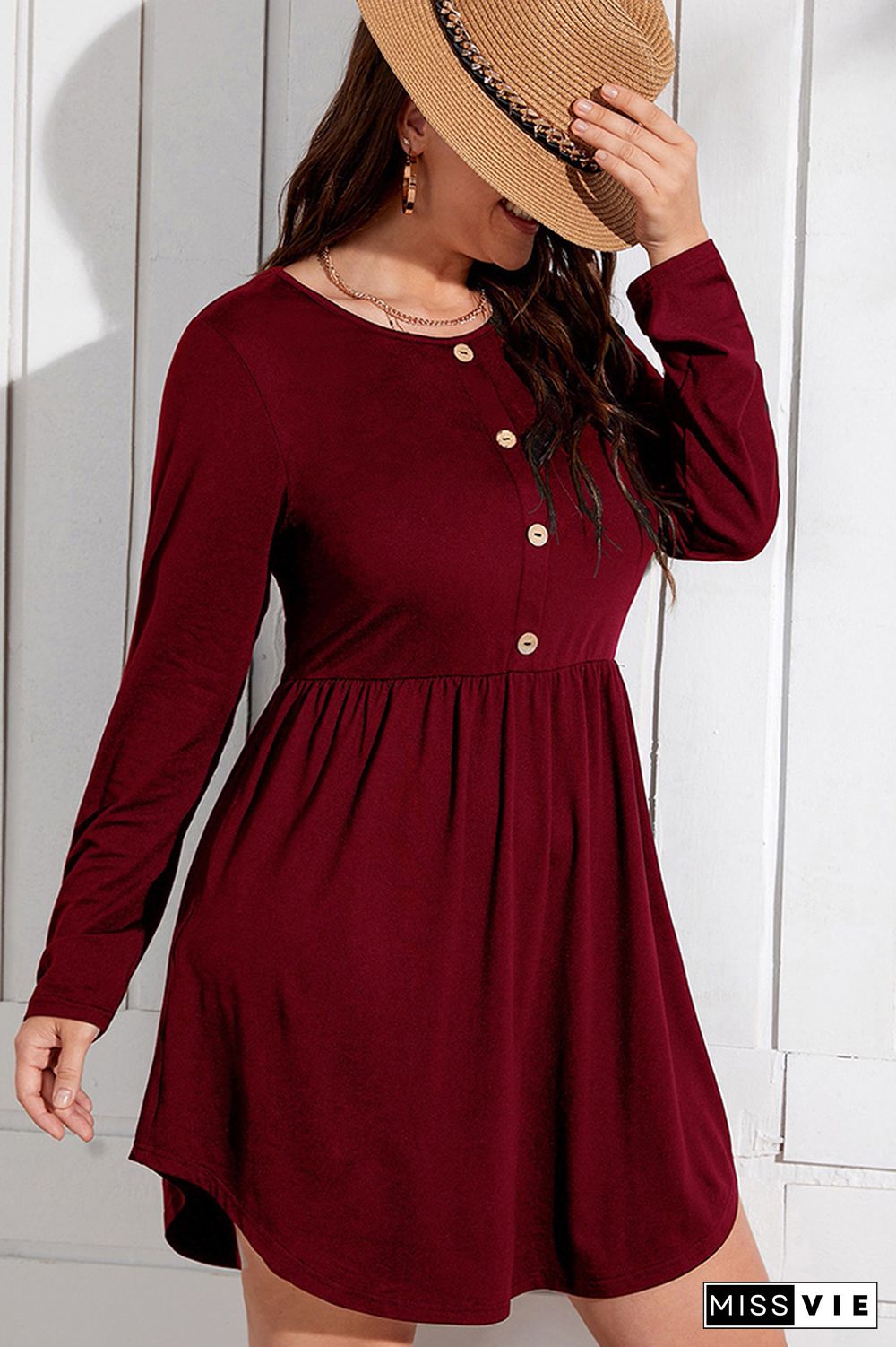 Button Down Elastic Waist Plus Size Mini Dress