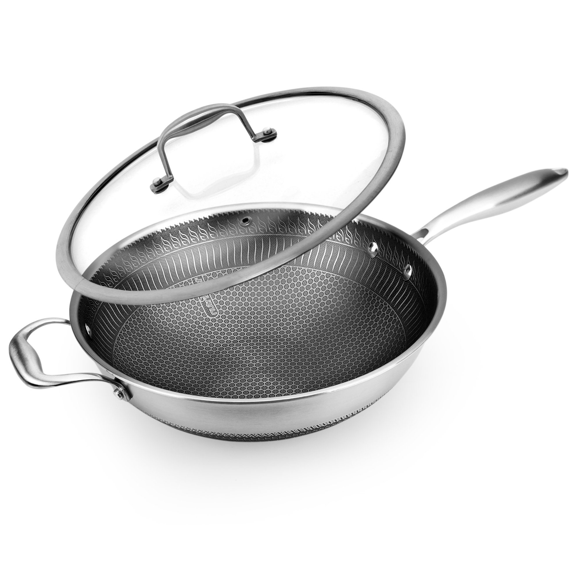 NutriChef 12 Stainless Steel Durable Wok - Triply Kitchenware Wok With Glass Lid， Side Handle