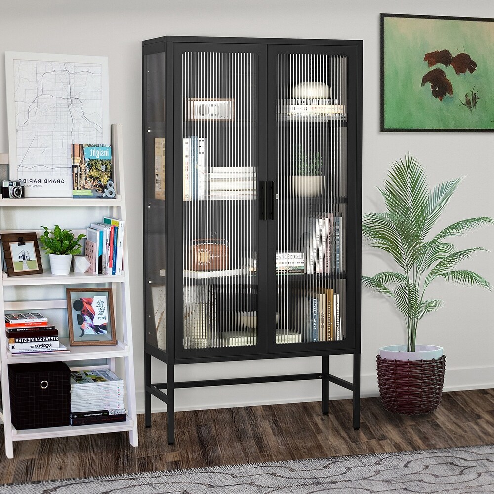 Double Glass Door Storage Cabinet Sideboard with Adjustable Shelves and Feet Cold Rolled Steel