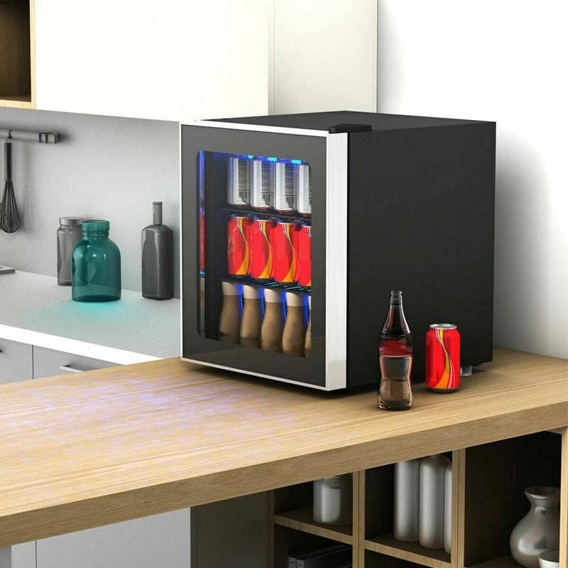 60-Can Mini Drink Fridge 1.6 Cu.Ft Beverage Refrigerator Cooler with Glass Door & Adjustable Shelf, Blue LED Light